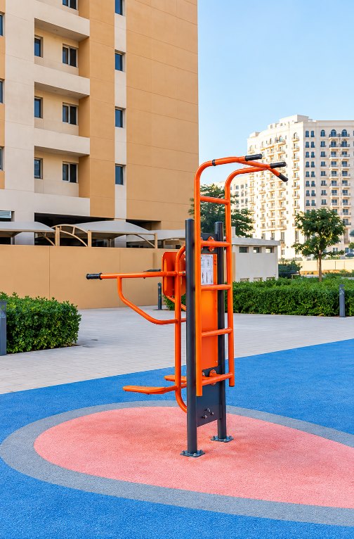 Outdoor fitness equipment at Dubai Land Residence Complex, Dubai